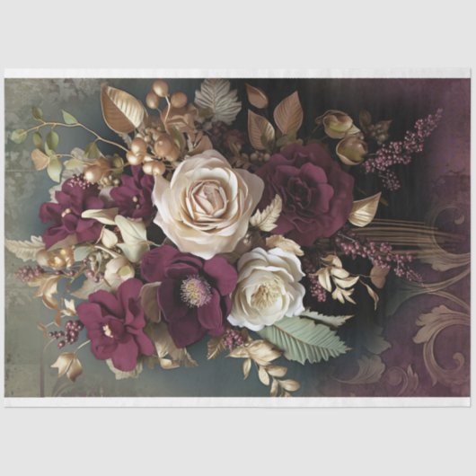 Bloemboeket, maroon rood, groen en goud tissuepapier (Voorkant)