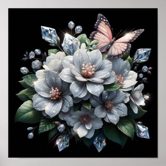 Bloemboeket met diamanten en vlinder poster (Voorkant)