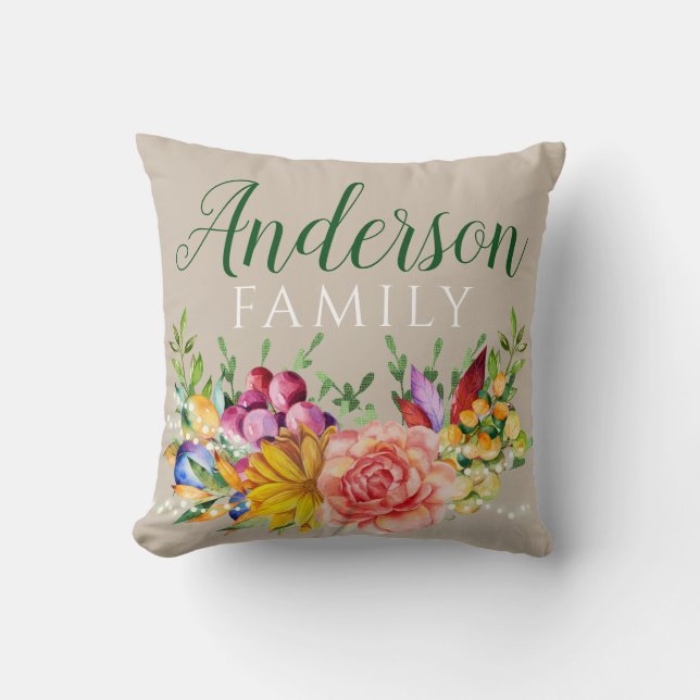 Bloemboeket met familienaam kussen (Voorkant)