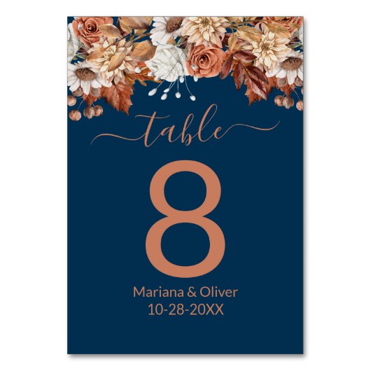 Bloemboeket op Navy Blauwe Herfst Tafelnummer (Voorkant)