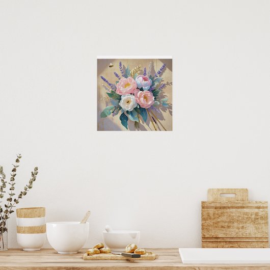 Bloemboeket pioenrozen lavendel poster (Keuken)