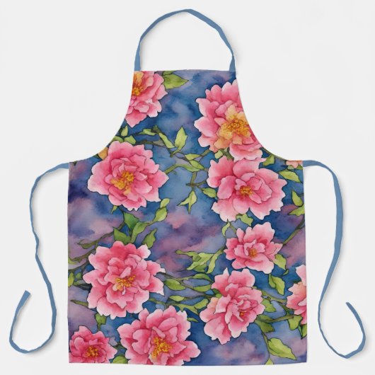Bloemboeket Waterverf Roze Pioenen op Blauw Schort (Voorkant)