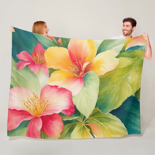 Bloemboeket Waterverf Tropische bloemen Fleece Deken (In situ)