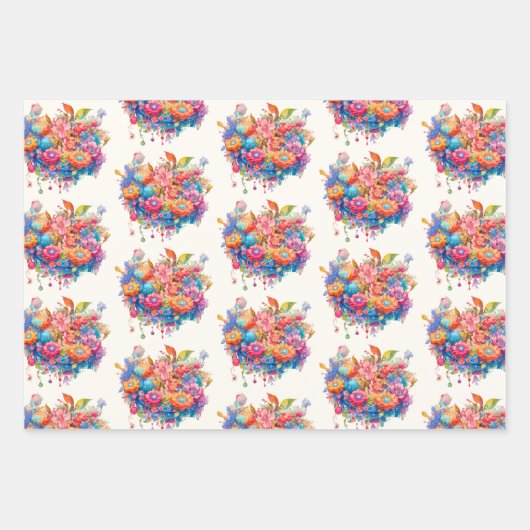 Bloemboeketpatroon in roze Sinaasappel & blauw Inpakpapier Vel (Voorkant)