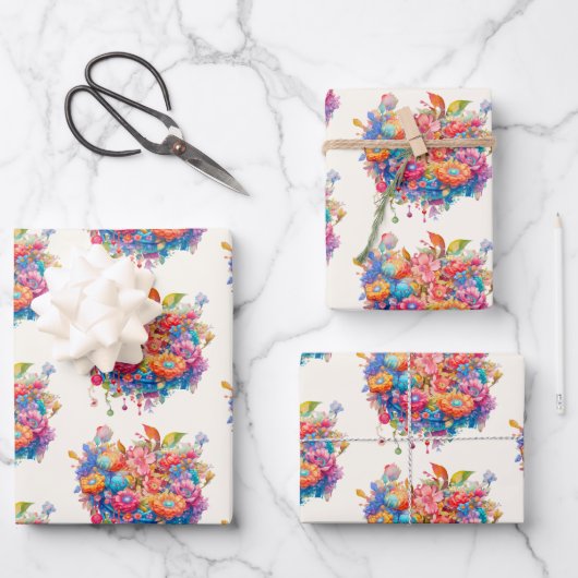 Bloemboeketpatroon in roze Sinaasappel & blauw Inpakpapier Vel (Voorkant)