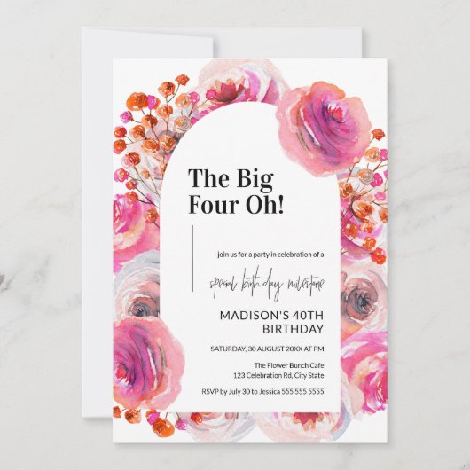 Bloemboog 40e verjaardagsuitnodiging voor vrouwen kaart (Voorkant)
