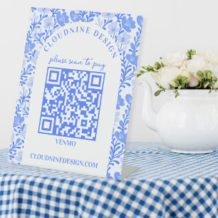 Bloemboog Blauw Wit SCAN OM TE BETALEN QR CODE Reclamebord Met Voetstuk