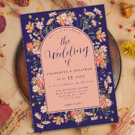 Bloemboog Navyblauw Elegante Herfst Bruiloft Kaart
