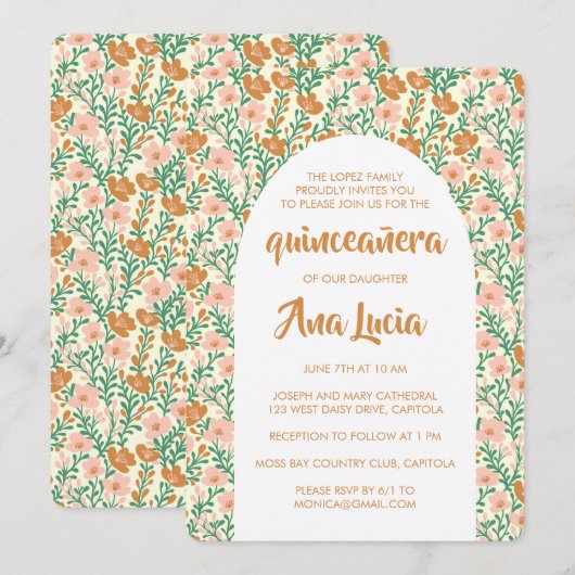 Bloemboog Roze Bloem Patroon CUSTOM Quinceañera Kaart (Voorkant / Achterkant)