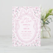 Bloemboog roze zachte bruiloft save the date (Staand voorkant)