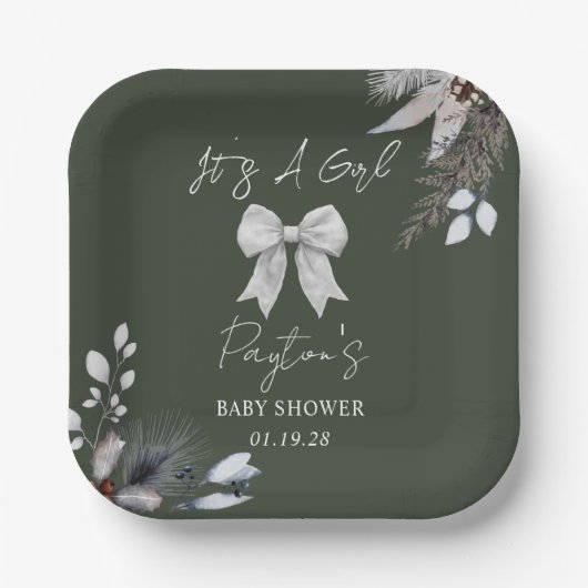 Bloemboog Winter Meisje Groen Baby shower Welkom Papieren Bordje (Voorkant)
