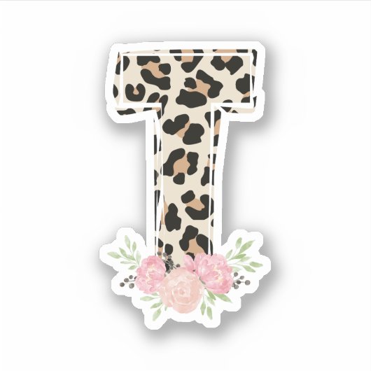 Bloembrief T Initiaal naam Leopard Cheetah Print Sticker (Voorkant)