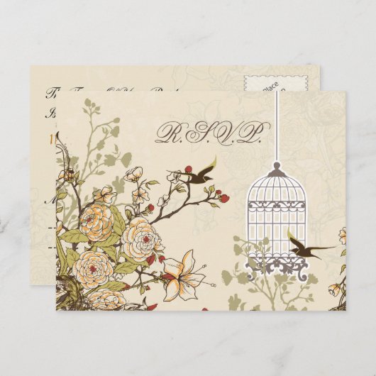 bloembruine vogelkooi, liefdesvogels RSVP Uitnodiging Briefkaart (Voorkant / Achterkant)