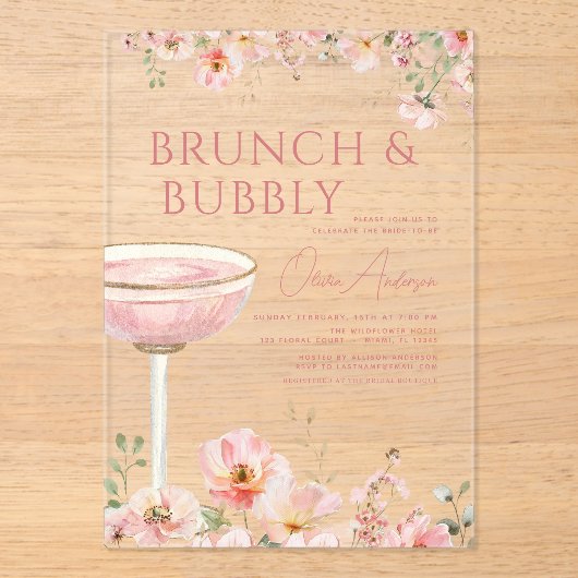 Bloembrunch en Bubbly Champagne Vrijgezellenfeest Acryl Uitnodigingen (Voorkant)