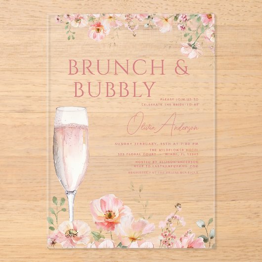 Bloembrunch en Bubbly Champagne Vrijgezellenfeest Acryl Uitnodigingen (Voorkant)