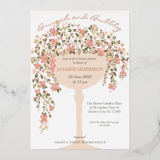 Bloembrunch en Bubbly Champagne Vrijgezellenfeest Folie Uitnodiging (Voorkant)