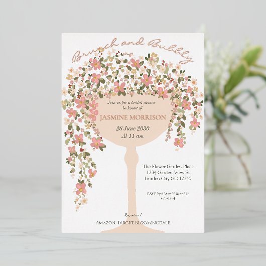 Bloembrunch en Bubbly Champagne Vrijgezellenfeest Folie Uitnodiging (Staand Voorkant)