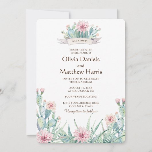 Bloemcactus & succulent. Botanische bruiloft Kaart (Voorkant)