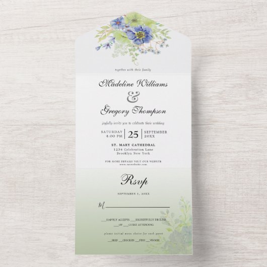 Bloemcalligrafie Sagegroen Moody Blue All In One Uitnodiging (Binnen)