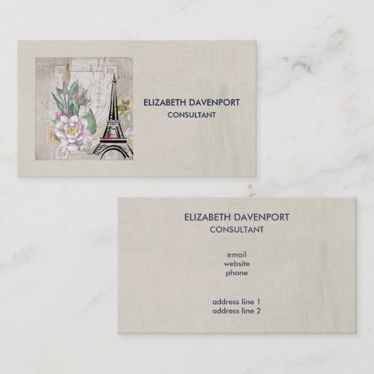 Bloemcollage en Eiffeltoren Tekening Visitekaartje (Voorkant / Achterkant)