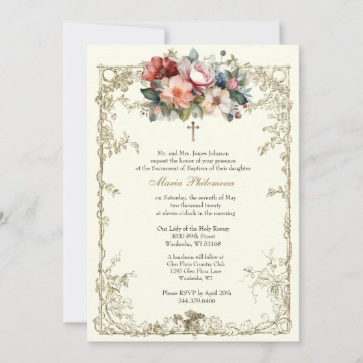 bloemdoop doopgouden kruis kaart (Voorkant)