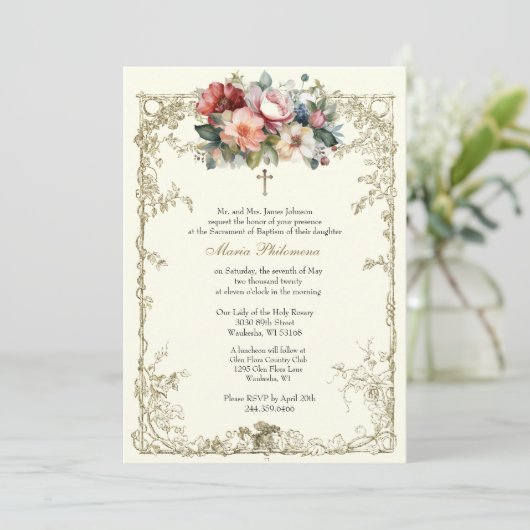  bloemdoop doopgouden kruis kaart (Staand voorkant)