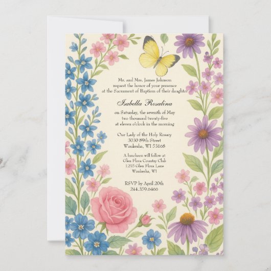 Bloemdoop uitnodiging voor Baby Girl Butterfly (Voorkant)