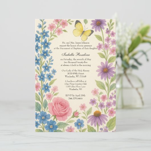 Bloemdoop uitnodiging voor Baby Girl Butterfly (Staand voorkant)