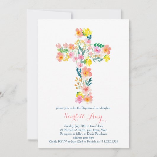 bloemdoop uitnodigingen, roze geel Kruis uitnodigi Kaart (Voorkant)