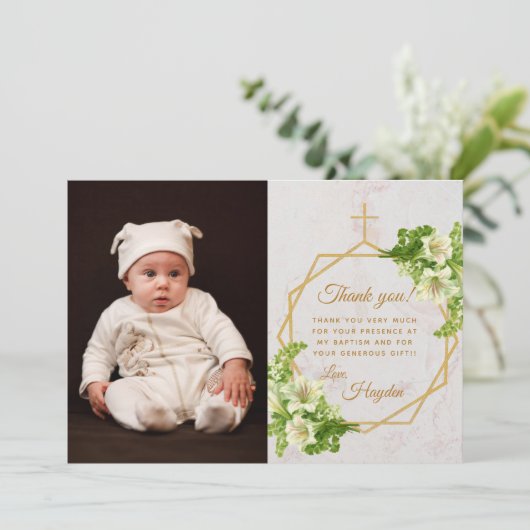 Bloemdoop Witte Lelies Marmeren Gouden Kruis Bedankkaart (Staand voorkant)