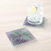 Bloemdromen, Abstracte Paarse groene fractale kuns Glazen Onderzetter (Schuin)