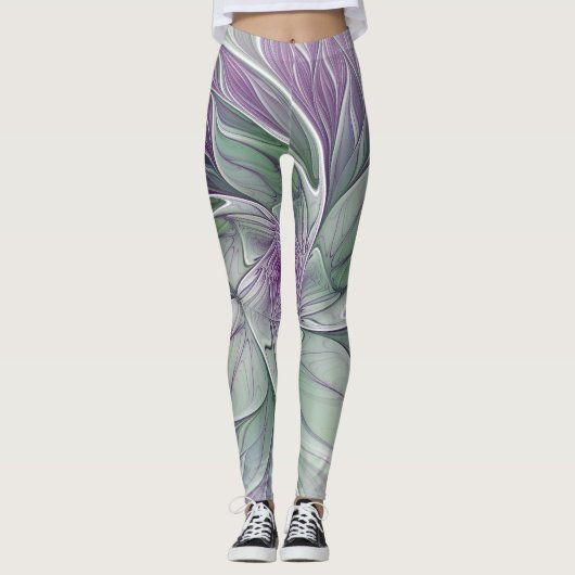 Bloemdromen, Abstracte Paarse groene fractale kuns Leggings (Voorkant)
