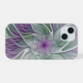 Bloemdroom, Abstracte Paarse Groene Fractale Kunst iPhone 15 Case (Achterkant horizontaal)