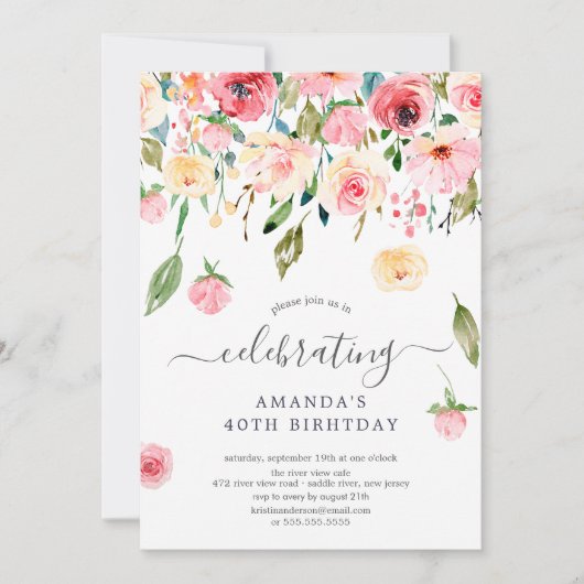 Bloemdruppel roze pioenen verjaardagsfeestje kaart (Voorkant)