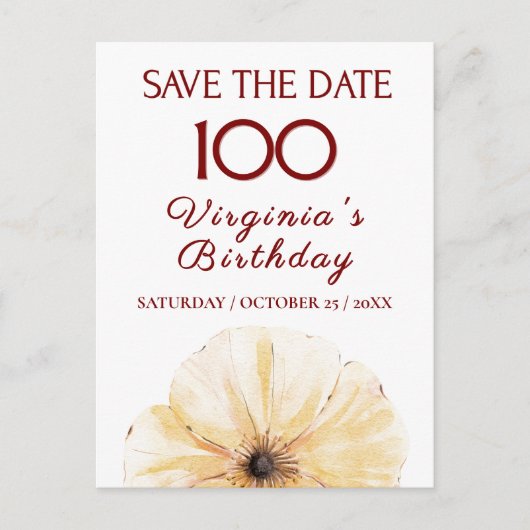 Bloemen 100e verjaardag, Elegant Gele Bloem Design Aankondigingskaart (Voorkant)