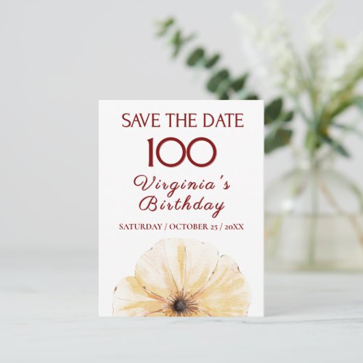 Bloemen 100e verjaardag, Elegant Gele Bloem Design Aankondigingskaart (Staand voorkant)