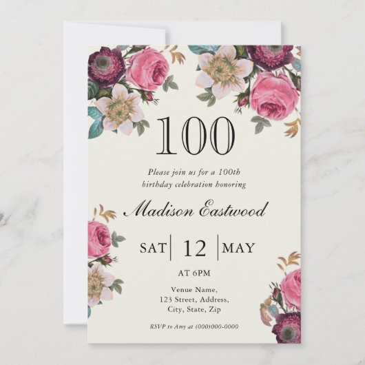 Bloemen 100e Verjaardagsuitnodiging Kaart (Voorkant)