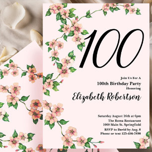 Bloemen 100ste verjaardag uitnodiging in Blush Pin