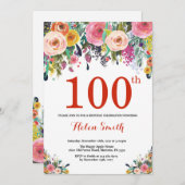 Bloemen 100ste verjaardag uitnodiging rood (Voorkant / Achterkant)