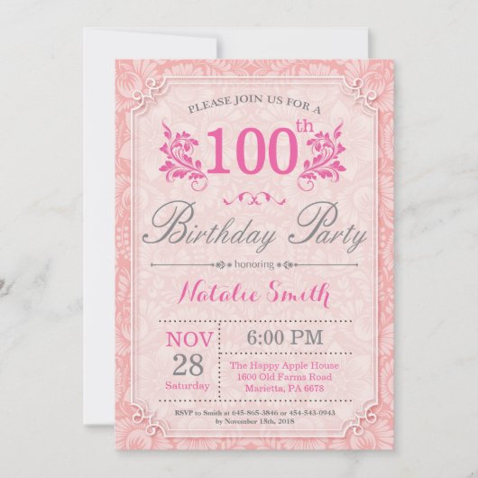 Bloemen 100ste verjaardag uitnodiging roze voor vr (Voorkant)