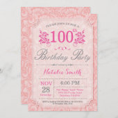 Bloemen 100ste verjaardag uitnodiging roze voor vr (Voorkant / Achterkant)