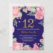 Bloemen 12e Verjaardag Gouden Glitter Marine Blauw Kaart (Voorkant)