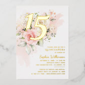 Bloemen 15e verjaardag Quinceanera Script Gold Folie Uitnodiging (Voorkant)