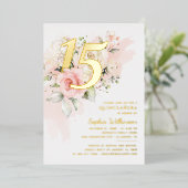 Bloemen 15e verjaardag Quinceanera Script Gold Folie Uitnodiging (Staand Voorkant)