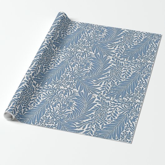 Bloemen 19e Eeuw Patroon Blauw op Witte Achtergron Cadeaupapier (Uitgerold)
