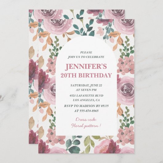 Bloemen 20ste verjaardagsuitnodigingen Roze Waterv Kaart (Voorkant / Achterkant)