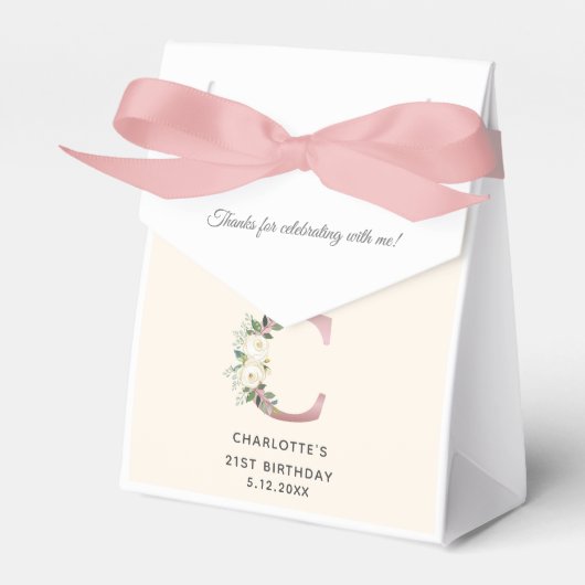 Bloemen 21e Verjaardag Monogram Naam Roos Goud Bedankdoosjes (Voorkant Zijde)