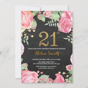 Bloemen 21e verjaardag uitnodiging Gold Glitter