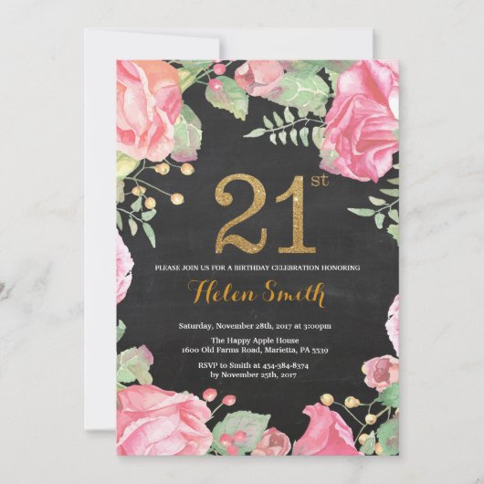 Bloemen 21e verjaardag uitnodiging Gold Glitter (Voorkant)