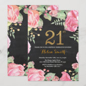 Bloemen 21e verjaardag uitnodiging Gold Glitter (Voorkant / Achterkant)